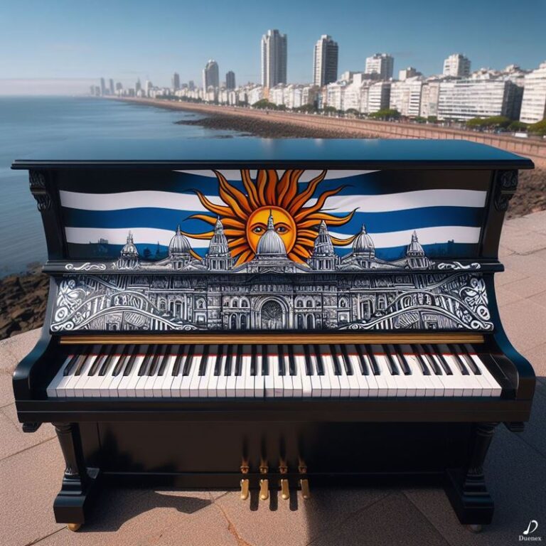 Piano con bandera uruguaya en montevideo generada con AI (inteligencia artificial)